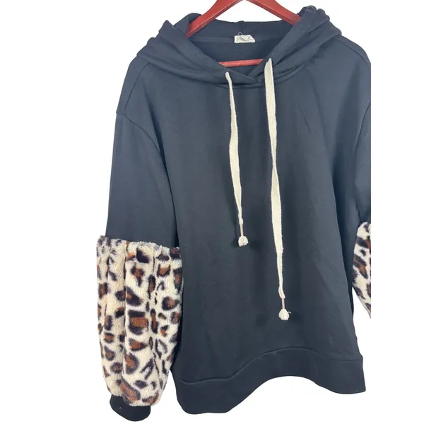 POL Hoodie Small Black Faux Fur Leopard Print Sleeve Pullover Sweatshirt Cheetah - Image 3