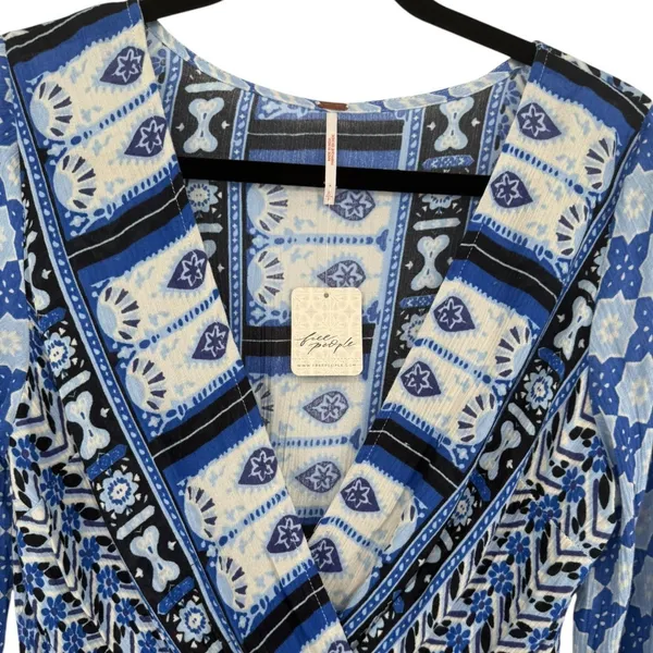 NWT Free People Rosalie Blouse Top‎ Indigo Combo Smocked Bell Sleeve Size Small - Image 7