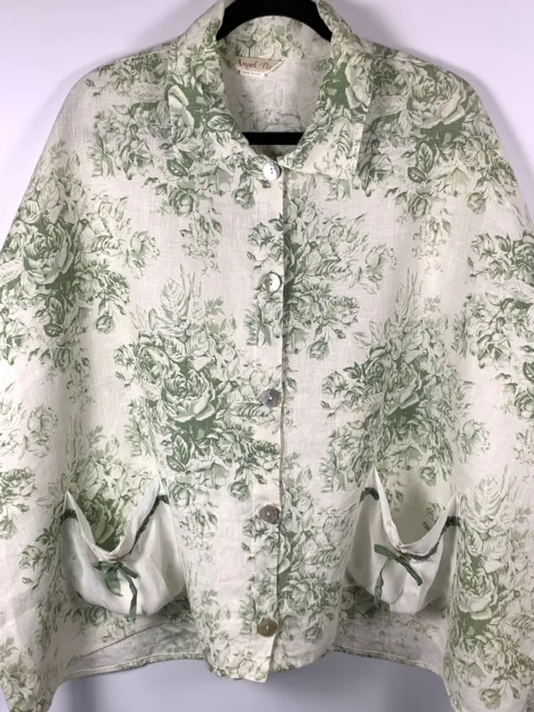 Angel Pie Linen Shirt S/M Green Floral Lagenlook Oversized Boho USA Made - Image 12