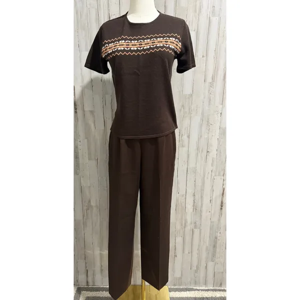 Kasper Suit Set Womens Petite 6P‎ Brown Knit Sweater Top & Dress Pants 2pc - Image 2