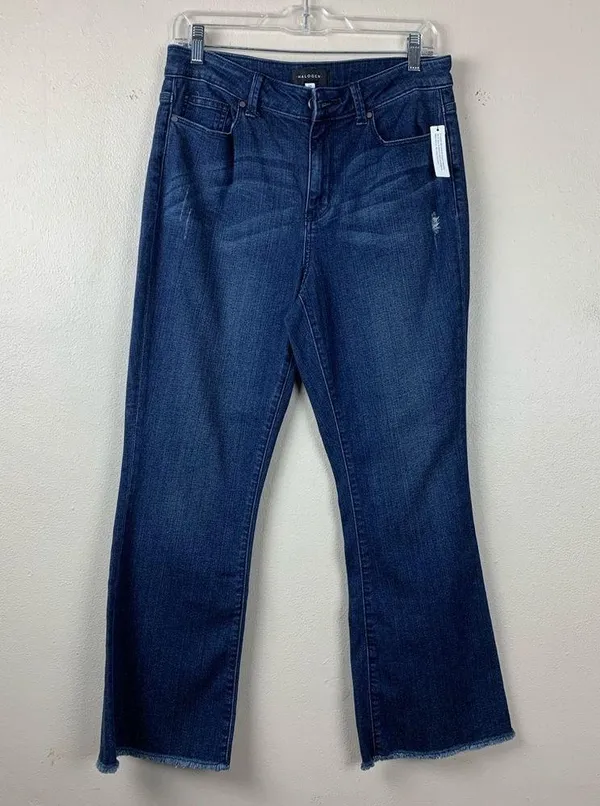 Halogen Cropped Kick Flare Jeans High Rise Frayed Ankle Distressed Dark Wash 28 - Image 2