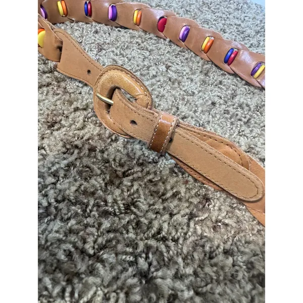 Vintage Uruguay Leather Woven Button Belt Tan Boho Colorful Womens Small 36in - Image 2
