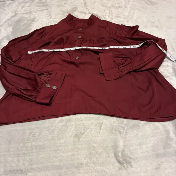 By Anthropologie Burgundy Ruffle Shoulder Peasant Blouse Long Bishop Sleeve XL - Image 3