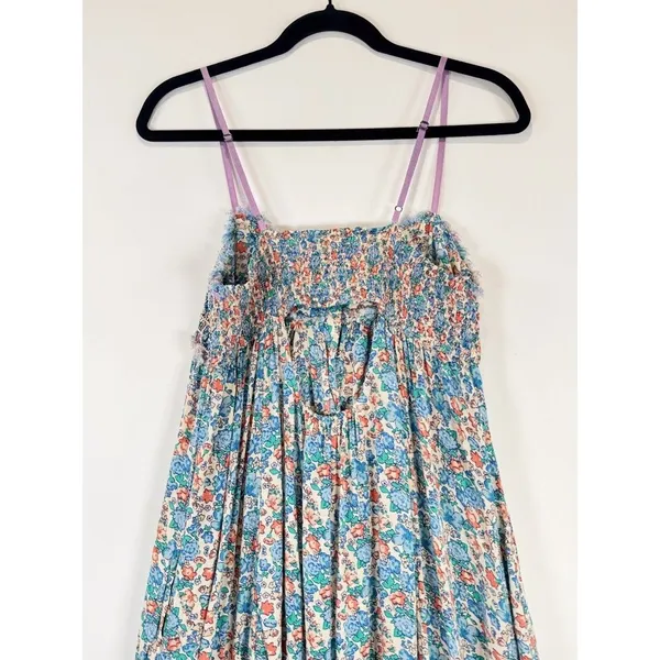Free People Maxi Dress Blue Molly Jo Floral Button Down Cutout Back Smocked XS - Image 11