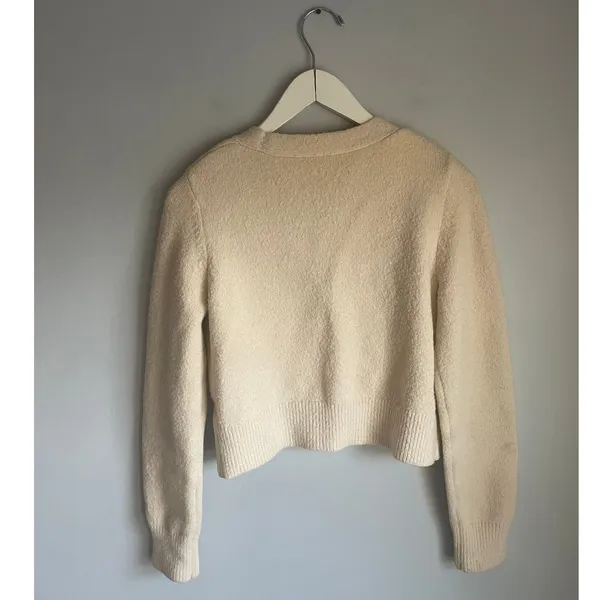Cottagecore Cream Boucle Cardigan Floral Embroidered Toggle Cropped‎ Sweater M - Image 2