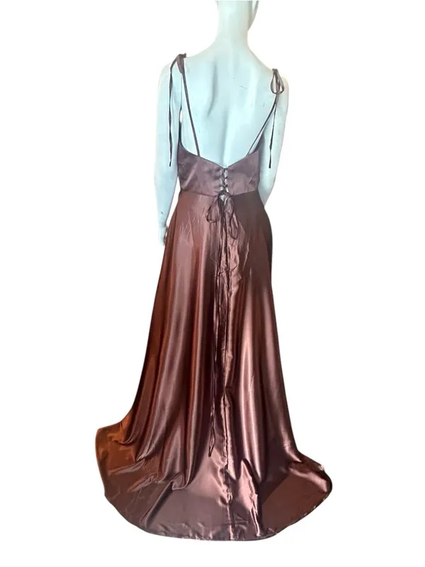Monvelli Satin Cowl Neck Evening Gown w/Thigh High Slit & Pockets Brown 12 NWT - Image 5