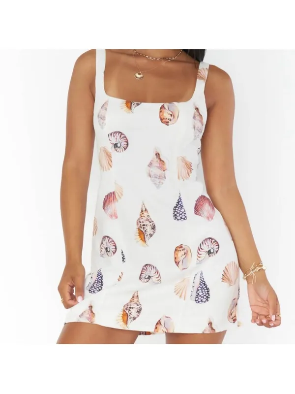 SHOW ME YOUR MUMU Steph Mini Dress White Shell Print Linen Size S Resort Wear - Image 4