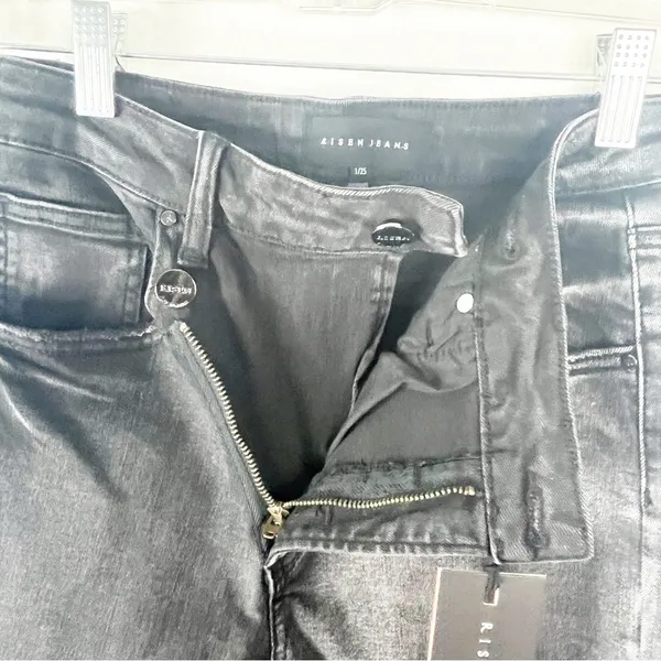 RISEN High Rise Crossover Released Frayed Hem Two Tone Black Wash Denim Jeans 25 - Image 7