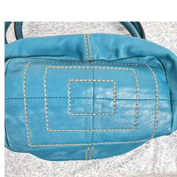 Tignanello Teal Blue Leather Tote Bag Satchel Striped Satin Lining Boho Slouchy - Image 11