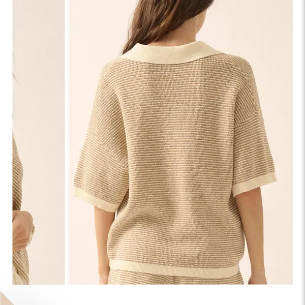 Prómesa NWT Days of Joy Striped Short-Sleeve Polo Sweater size L in Cream & Sand - Image 10
