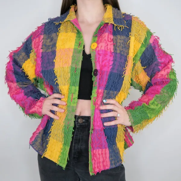 Vintage Keren Hart Colorblock Stringy Fringe Shaggy Rag Jacket - Image 3