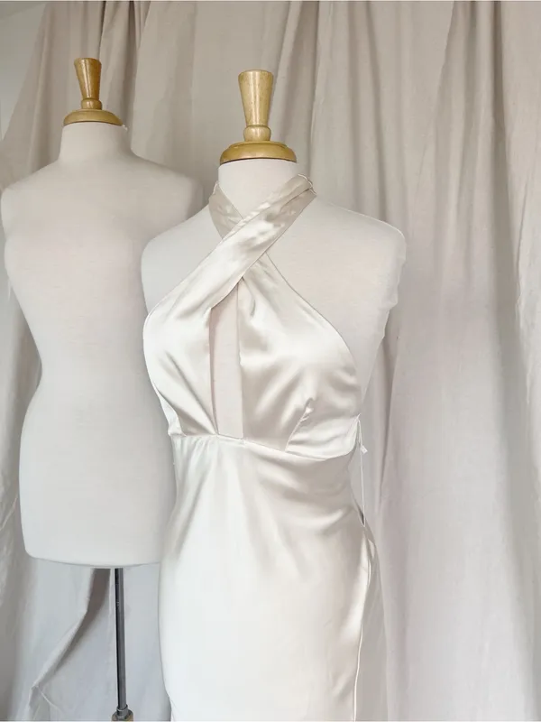 Elegant Cream Satin Halter Midi Dress - Image 5