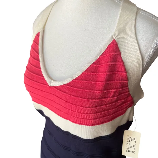 Forever 21 XXI Forever‎ Bodycon Dress Ribbed Navy Cream Coral Sleeveless Halter Medium - Image 3