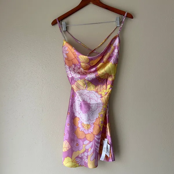 ASOS Design Summer Pink Pop Floral Satin Cowl Neck Mini Dress Size Small - Image 2