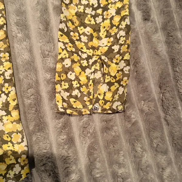 LOFT Womens Yellow Olive‎ Green Floral V-Neck Puff Sleeve Blouse Top M - Image 6