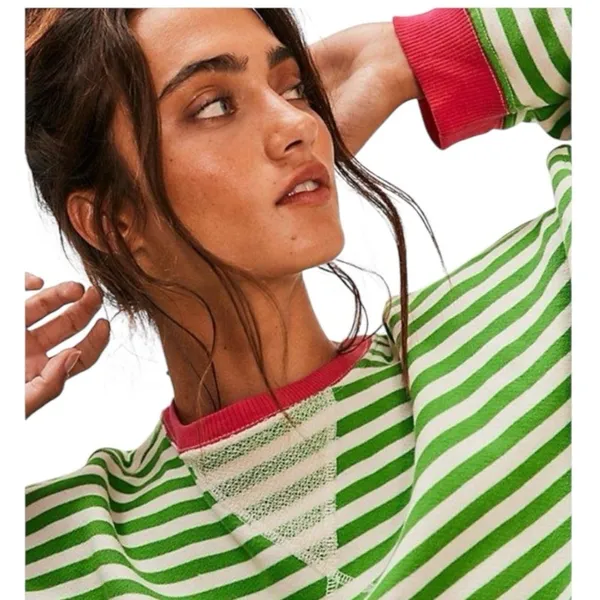 FREE PEOPLE Classic Striped Oversized Crewneck Pink Clover Combo Size M - Image 6