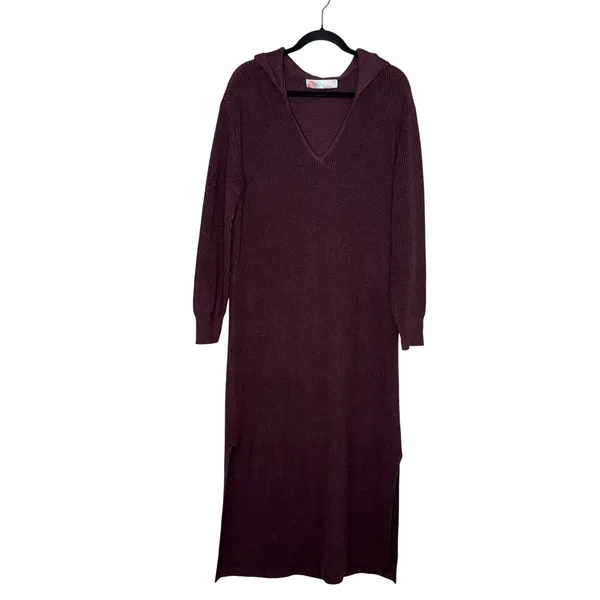 Free People Beach Claudia Midi Sweater Dress Plum Hooded V-Neck Side Slit Knit - Image 3