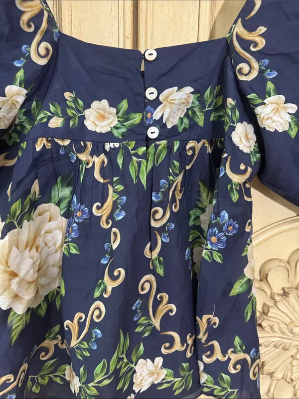 Farm Rio FLOWER TAPESTRY BLUE FLOWERED YOKE BLOUSE Size XSmall - Image 12