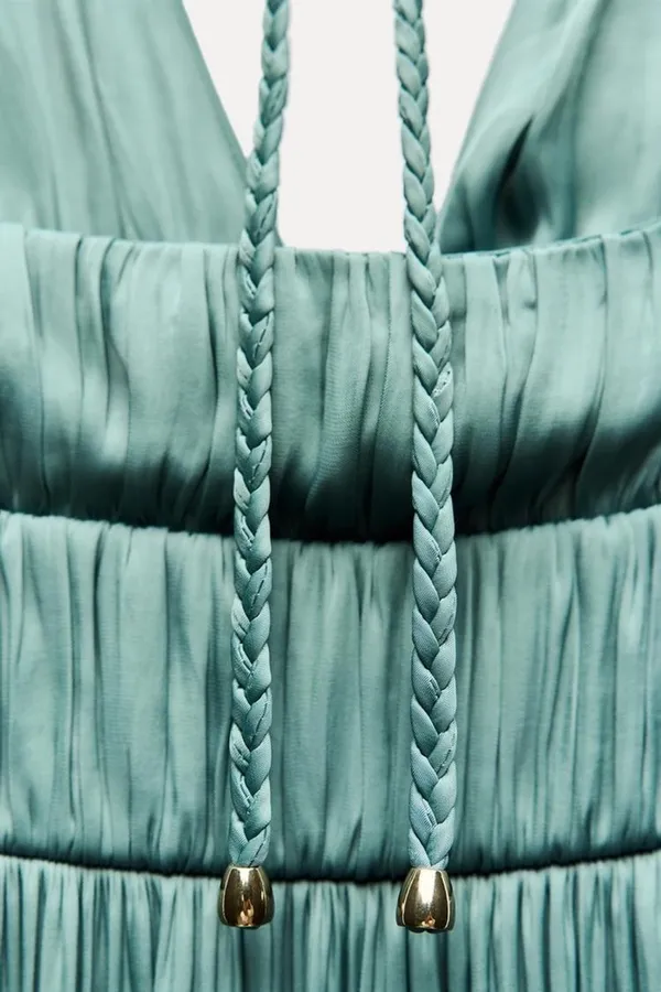Zara maxi dress boho pleated Teal Evening Gown wedding party cocktail - Image 13