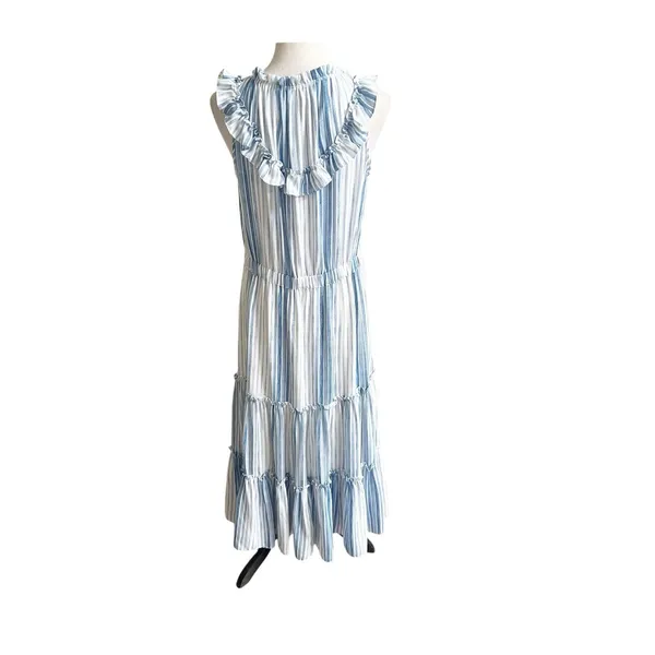 MISA Los Angeles Medium Aleja Stripe Print Linen Midi Dress White Blue Tassel - Image 4