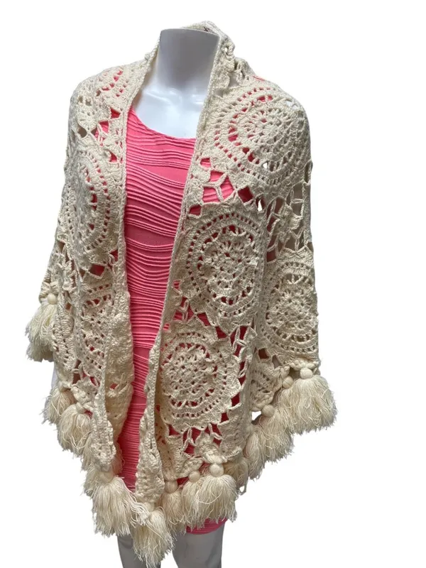 Free People wms cream beige crochet bohemian cardigan cover shawl OS SKU 10-792 - Image 2
