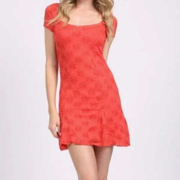 Free People Daisy Lace Godet‎ Fit & Flare Mini Dress Orange Persimmon Size Large - Image 5