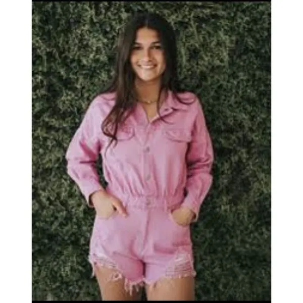 PINK - Victoria's Secret Denim Romper‎ Long Sleeve From Boutique In Ladies Women’s Size Small In Pink - Image 3