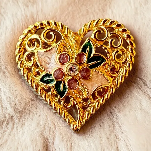 Vintage Gold Tone Heart Brooch I Love You Floral Enamel Rhinestone Pin - Image 4