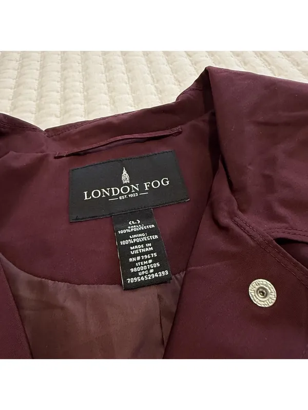 London Fog Burgundy Belted Collared Trench Coat Sz L Large Missing The Hood - Image 3