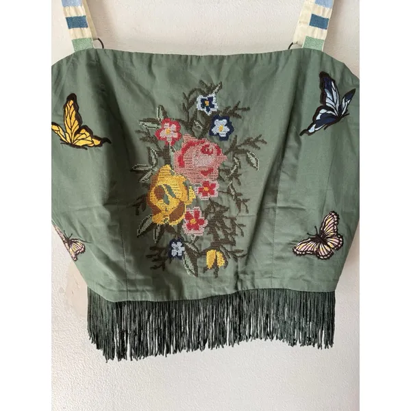 EDDY Green Floral Butterfly Needlepoint Fringe Crop Corset Top Size Large - Image 3