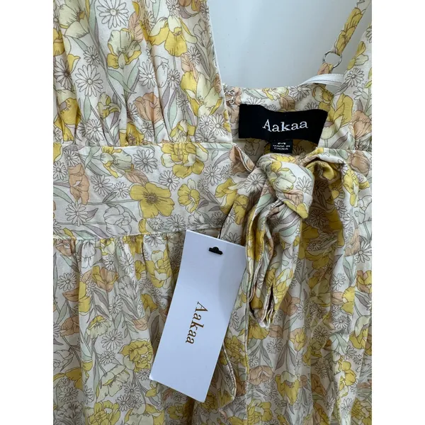 Aakaa Floral Midi Dress M Yellow Deep V Tie Front Tiered Boho Sundress - Image 8
