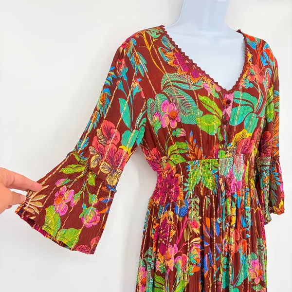 Me 2 Magic Floral Maxi Dress Sz M Metallic Boho Bell Sleeve Festival Euro Anthro - Image 3