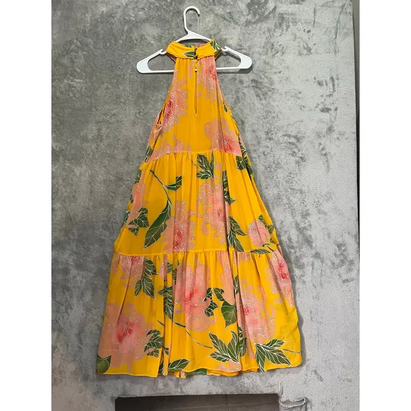 Trina Turk Yellow Floral Halter Maxi Dress Tiered Resort Boho Women’s Medium - Image 3