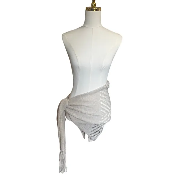 Free People Knit Wrap Scarf Shawl Fringe Convertible Boho Cream 72” Wide - Image 4