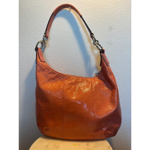 Coach Coral Pink Crinkled Patent Leather Hobo Shoulder Bag Turnlock Pink Bag - Image 5