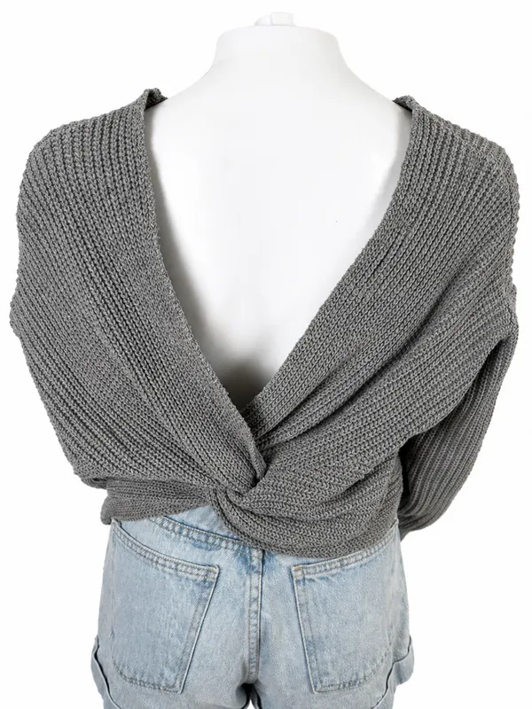 Zanzea Oversized Knit Sweater Gray Twist Front Back V Neck Chunky Cozy‎ Boho - Image 5