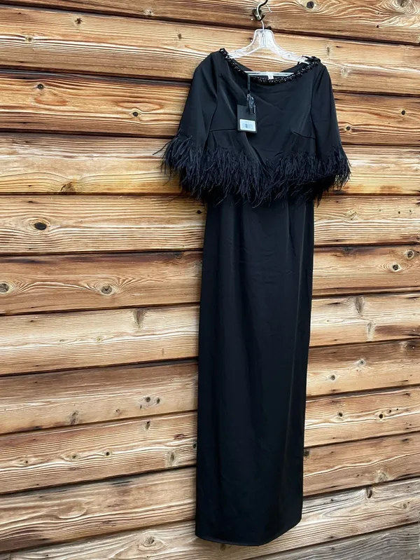 Mac Duggal Black Size 4 Feather Trim 1/4 Sleeve Long Column Gown Dress - Image 5