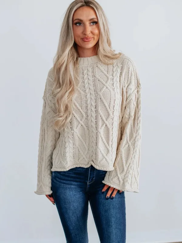 Le Lis Cream Cable Knit Crewneck Sweater - Image 2