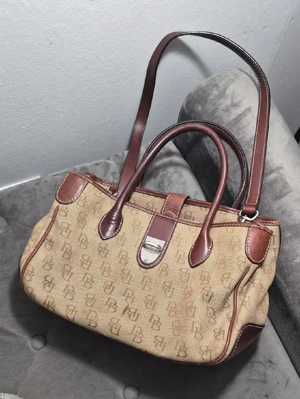 Y2K Dooney & Bourke Purse Brown Monogram wLeather Trim Shoulder Bag Vintage - Image 3