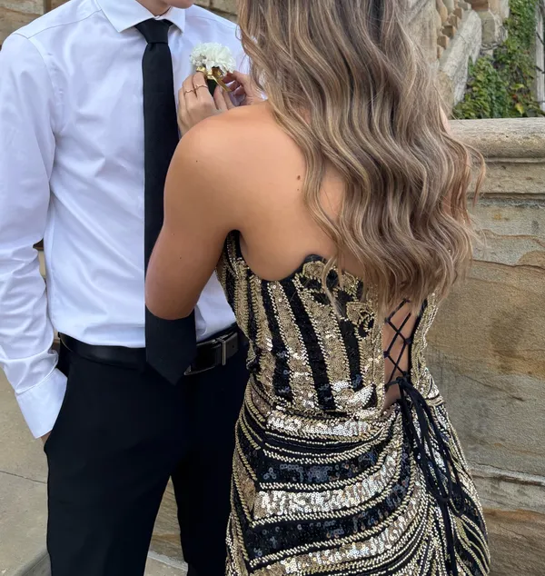 Kiss Prom Gold and Black Strapless Homecoming Dress - Image 3
