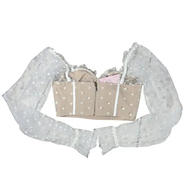 Hello Molly Malibu‎ Sunset Top White Beige Polka Dot Mesh Corset Crop M US 6 - Image 2