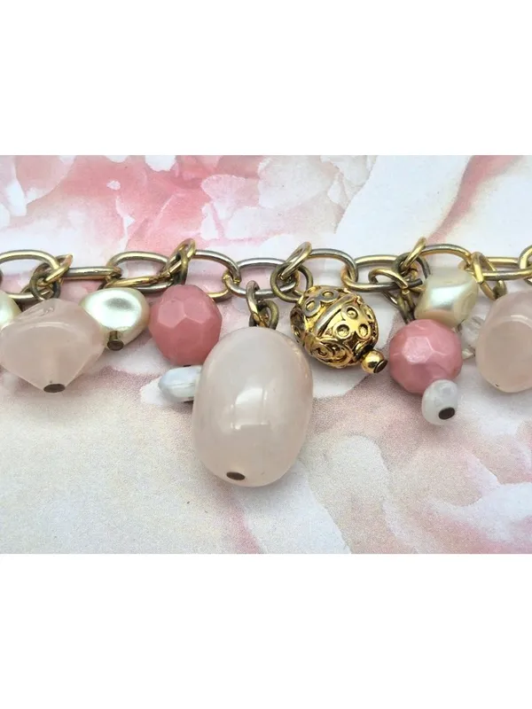 Premier Designs Dangle Charm Bead Bracelet Pink & White Accents Gold-Tone Chain - Image 7