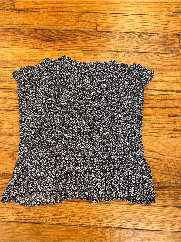 American Eagle Smocked Strapless Floral Peplum Top - navy and white - Image 2