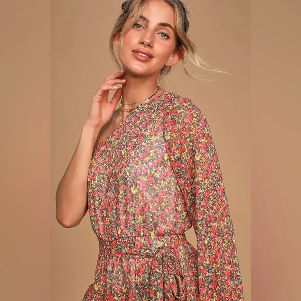LULU’S Anew Romance Pink Floral Print One Shoulder Ruffled Mini Dress - Image 4