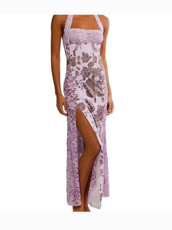 NWT Free People Love You Most Print Lace Halter Maxi Dress Large, LAVENDER COMBO - Image 4