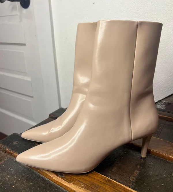 Vegan Beige Kitten Heel Pointed Toe Booties - Image 4