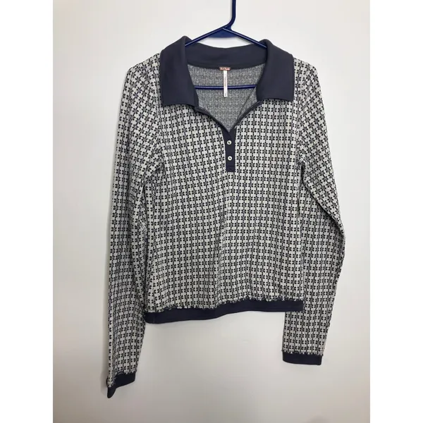Free People Polo Top Women Size M Neutral Combo NWT Floral Geometric Long Sleeve - Image 2