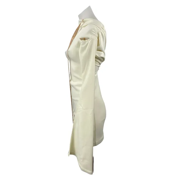 Meshki Cream Long Bell Sleeve Off The Shoulder Cutout Mini Bodycon Dress Sz XXS - Image 4
