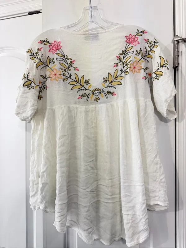 VICI White V-Neck Embroidered Boho Top with Pink & Yellow Floral - Image 3