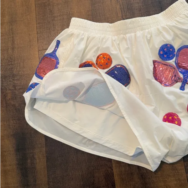 Queen of Sparkle Pickleball Sequin Athletic Running Shorts White Size Medium - Image 8